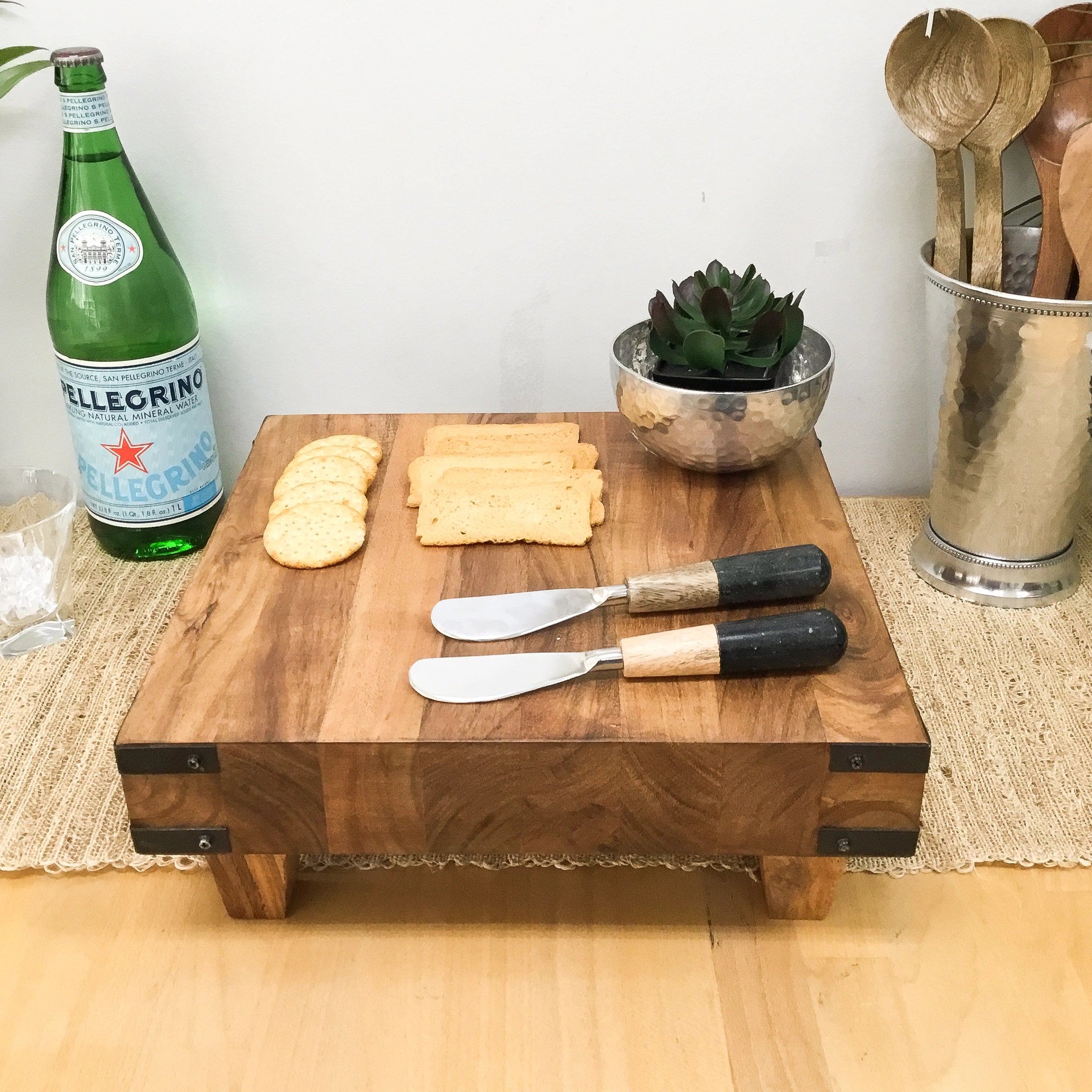 Acacia Wood Pedestal Butcher Block w/ Iron Accents