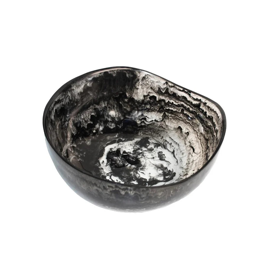 Resin black swirl salad bowl and servers set