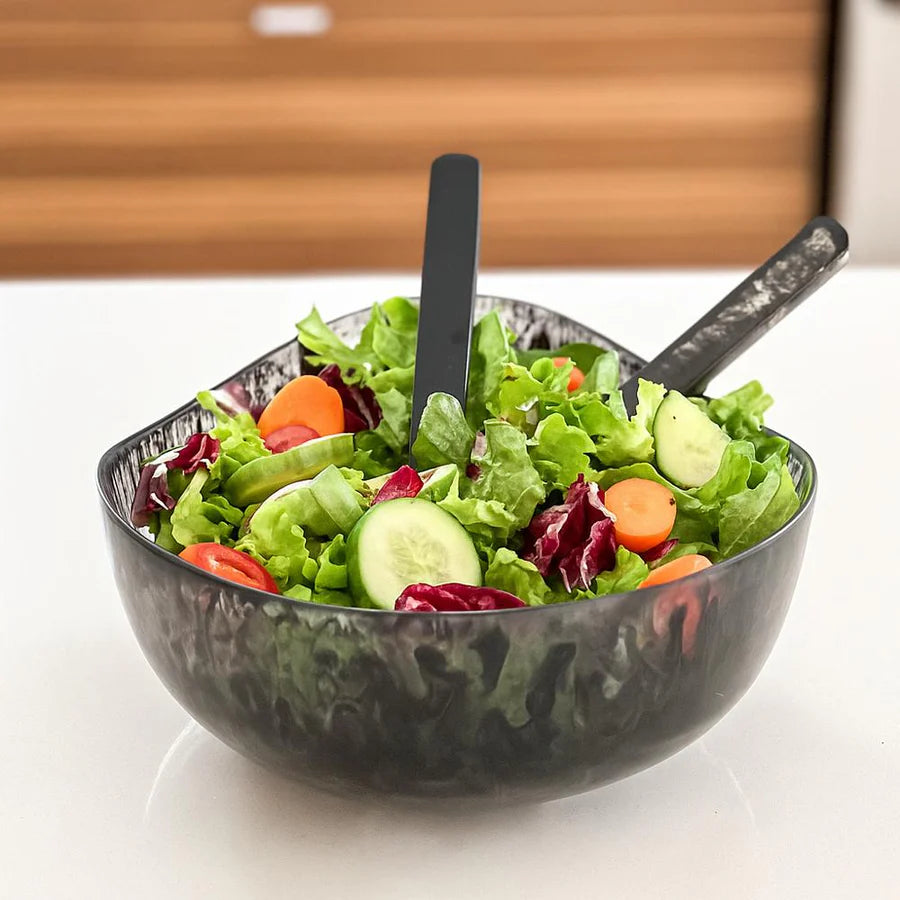 Resin black swirl salad bowl and servers set
