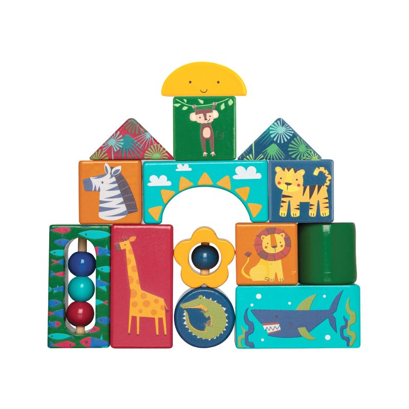 Ensemble de blocs de bois - Motif jungle 14 pièces