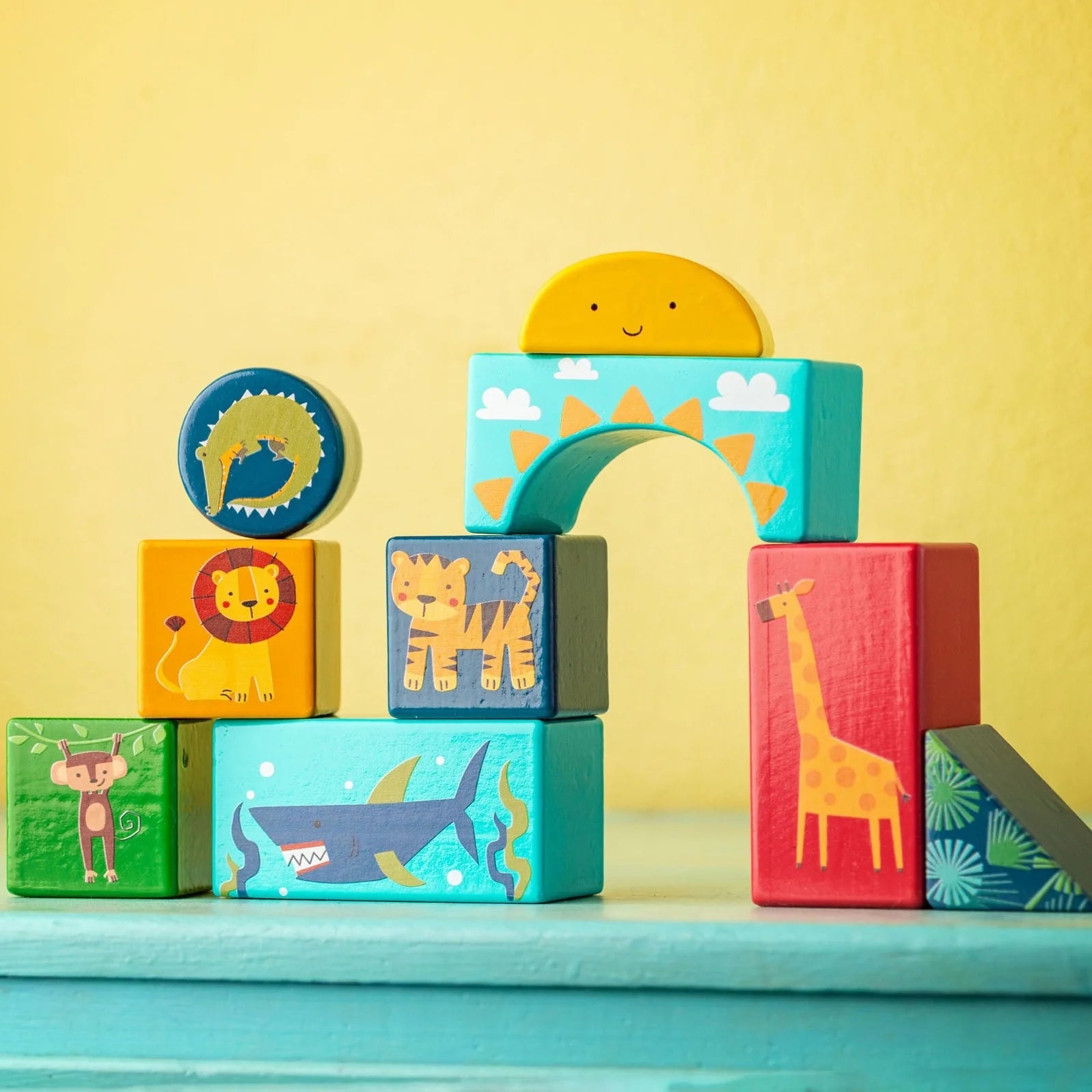 Ensemble de blocs de bois - Motif jungle 14 pièces