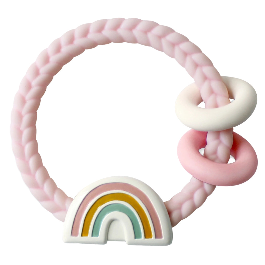 Rattle Silicone Teether - pastel pink rainbow