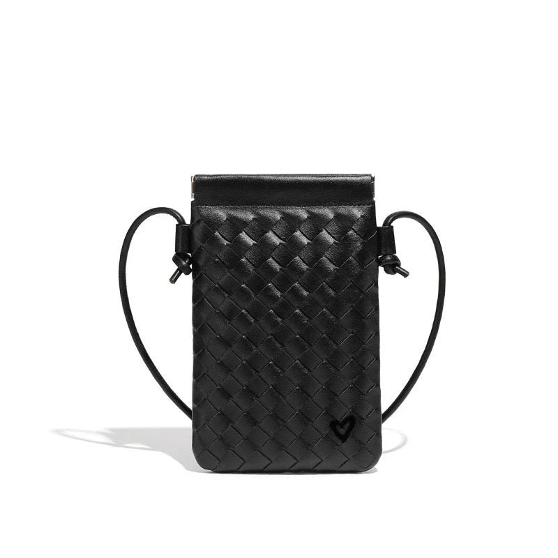 SAC À BANDOULIÈRE POUR TÉLÉPHONE EN CUIR VÉGÉTALIEN TISSÉ SHERWOOD - NOIR