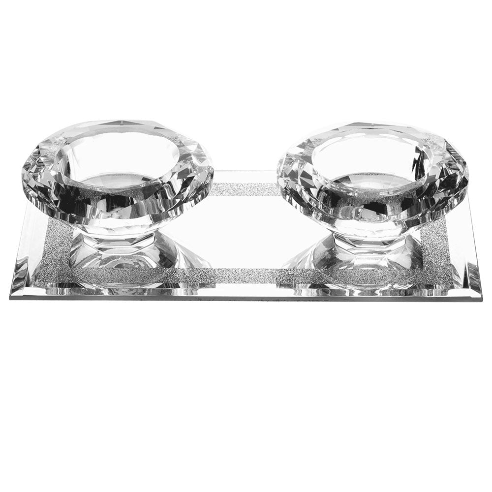 Crystal Tealights holder with tray - silver