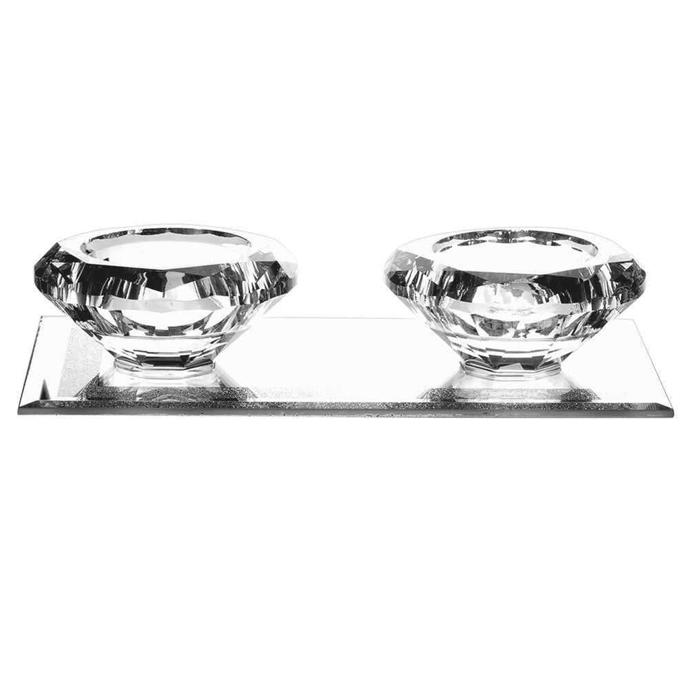 Crystal Tealights holder with tray - silver