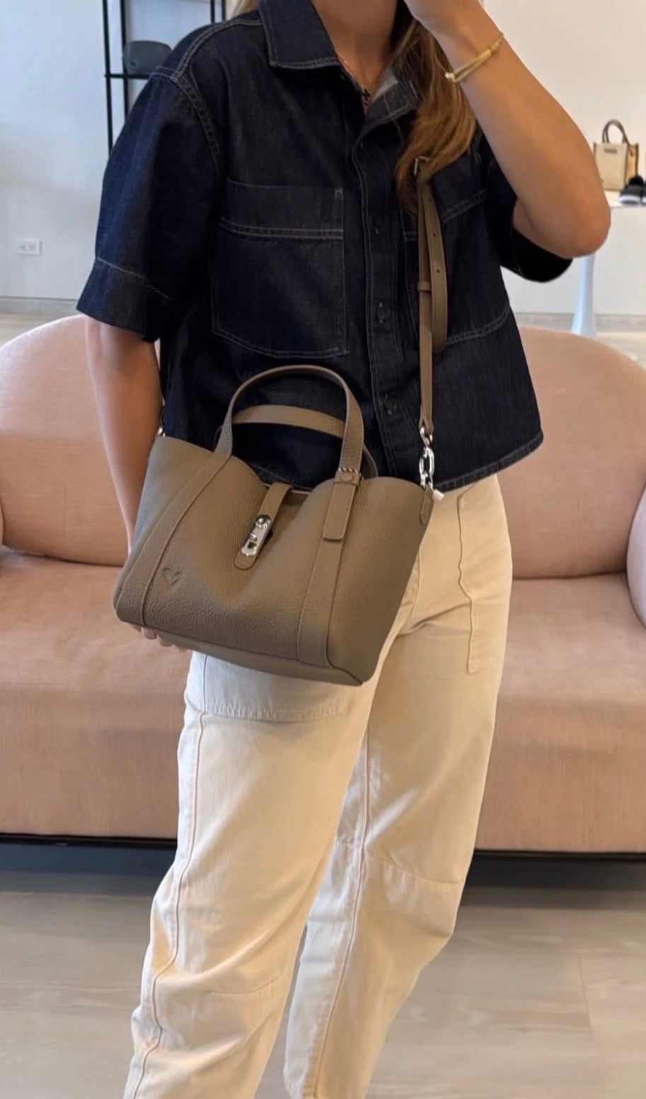 Genuine leather handbag - stone