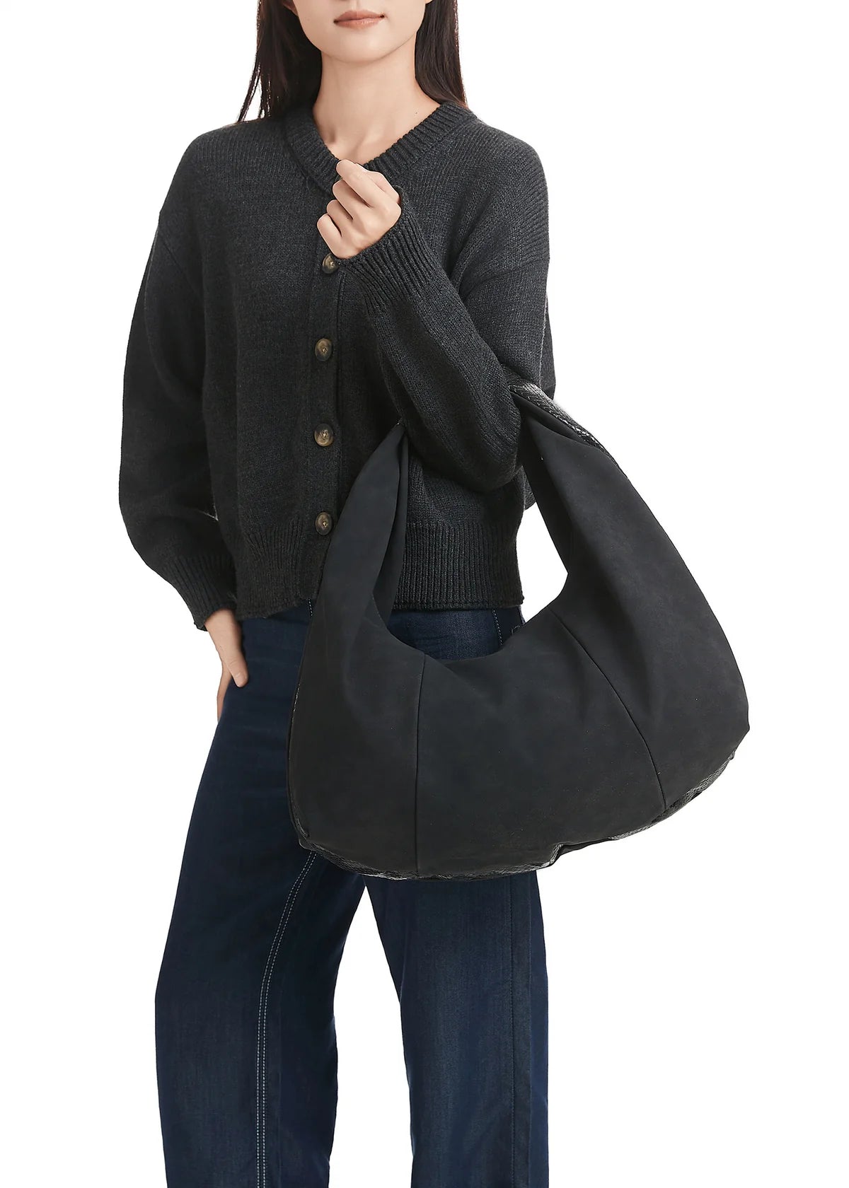 Black suede and python stripe hobo bag