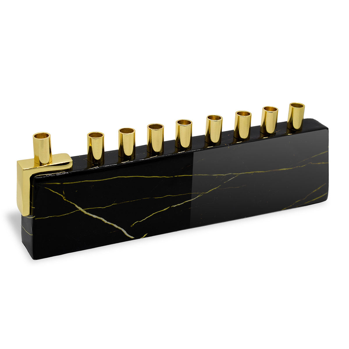 Aluminum Menorah with Marble Decal - black and gold