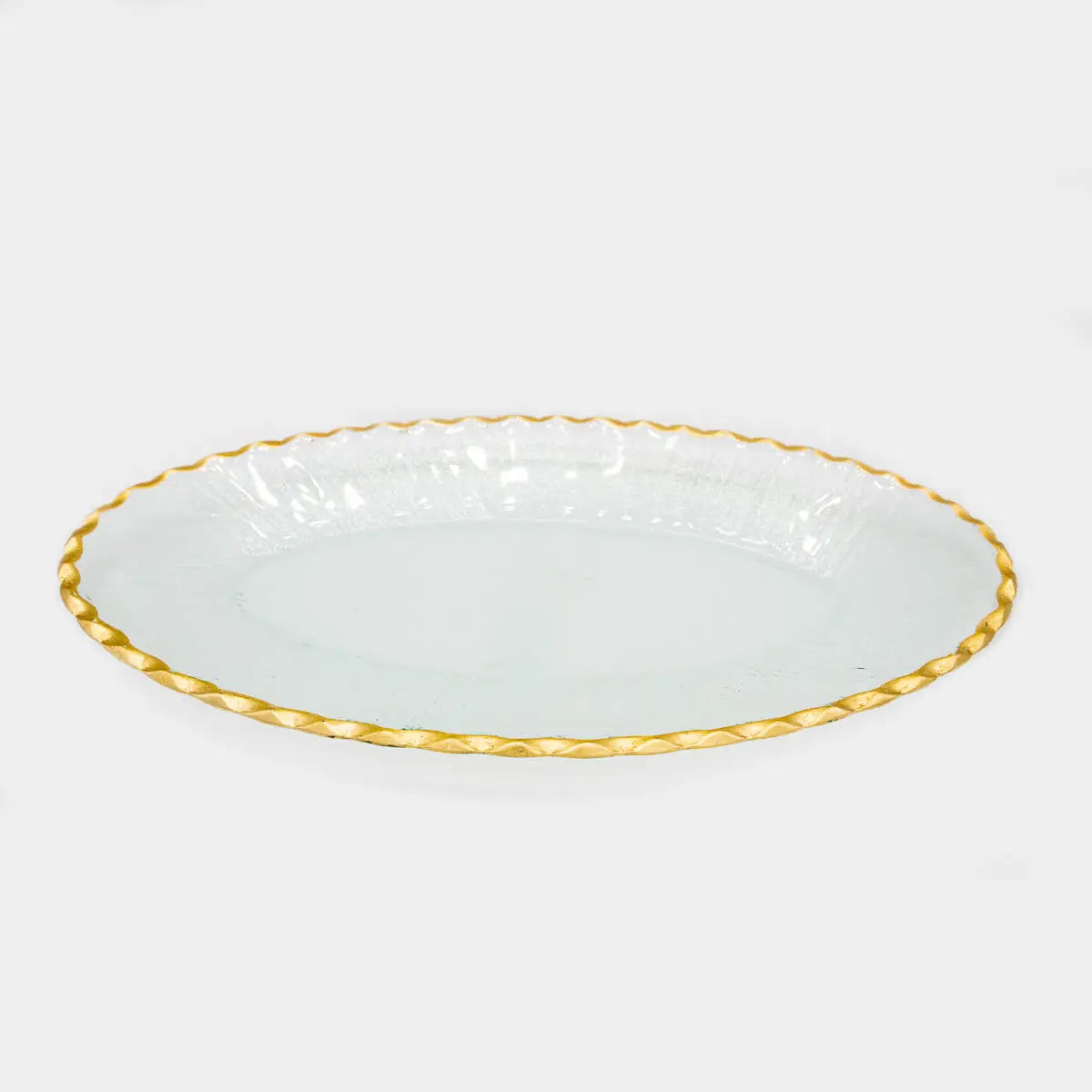 Plateau de service ovale en verre avec bordure dorée
