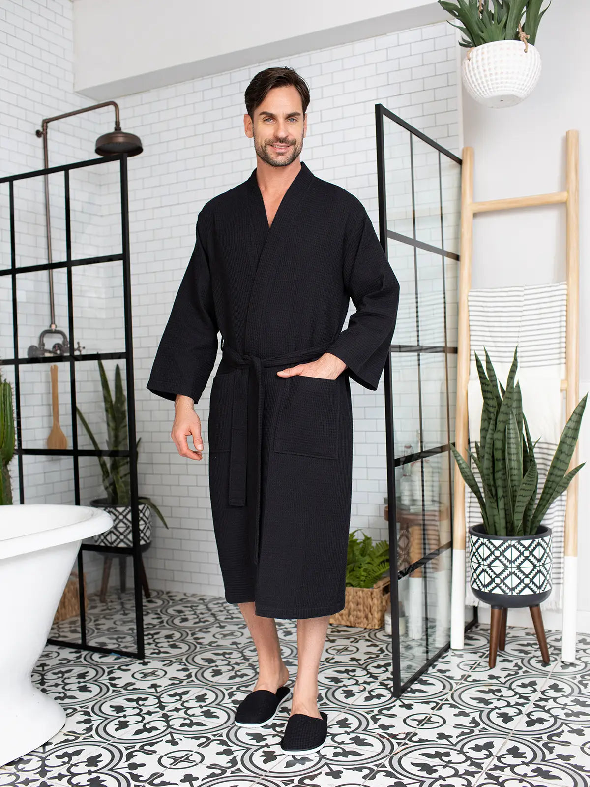 Personalized Men’s waffle robe and slipper set - black
