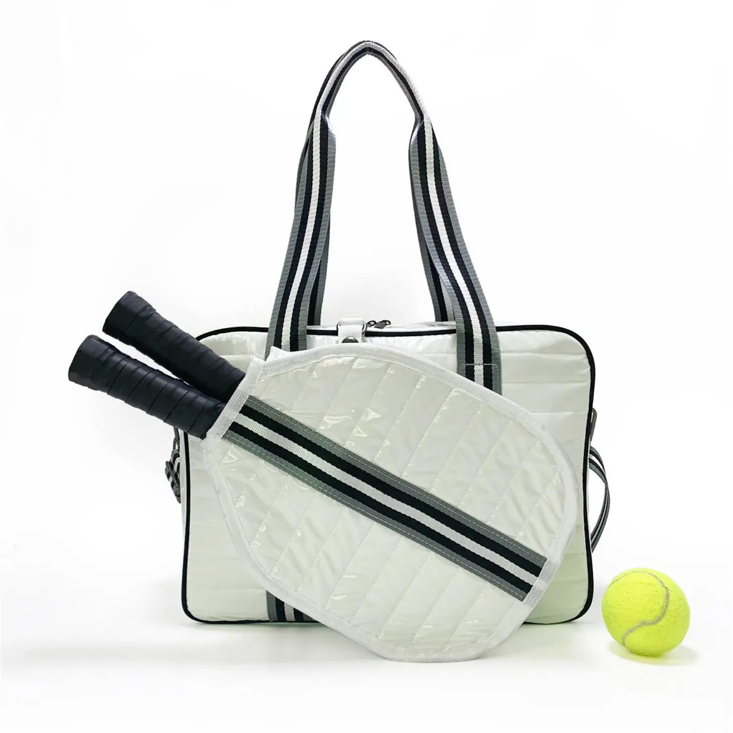 Sac fourre-tout Puffer Pickleball, blanc verni avec rayures noires, petit modèle