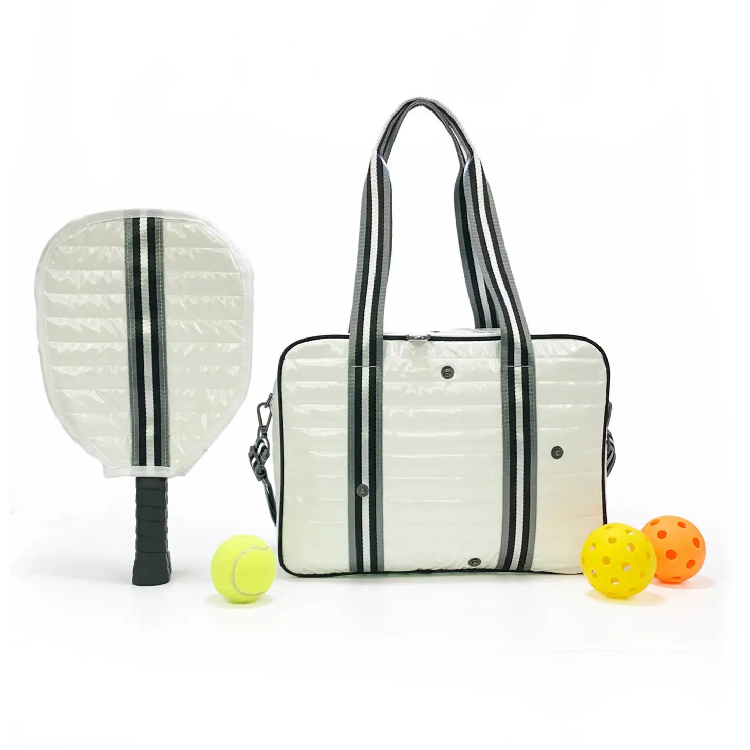 Sac fourre-tout Puffer Pickleball, blanc verni avec rayures noires, petit modèle
