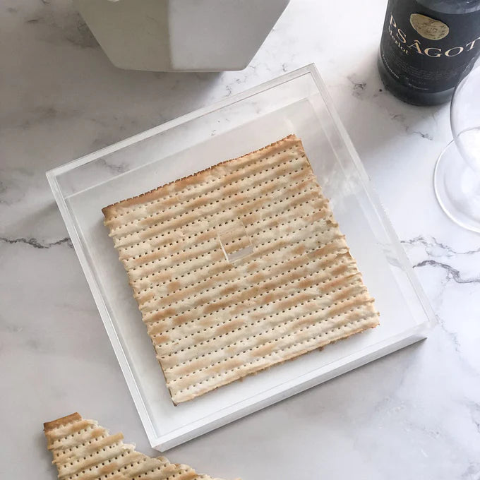 clear lucite square matzah box with white base