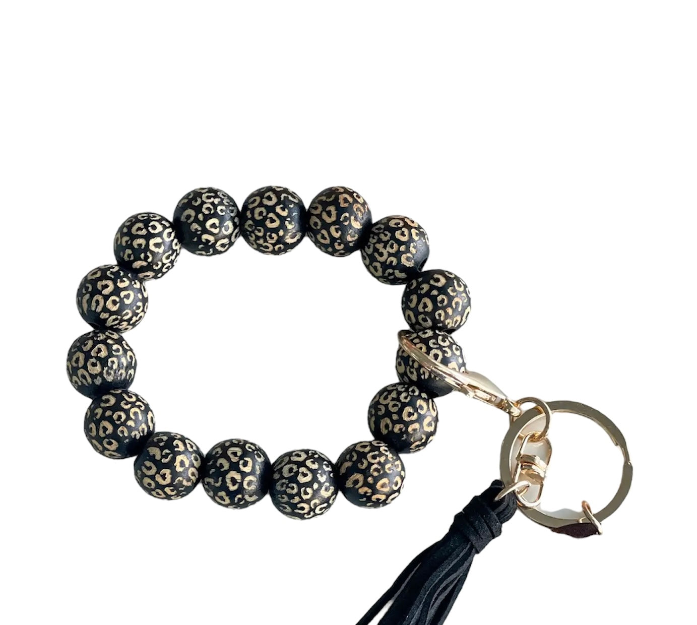 Porte-clés avec bracelet en perles de bois noir léopard