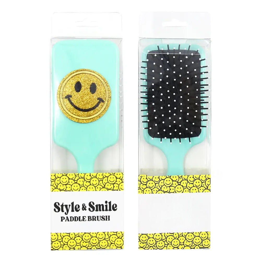 Brosse à cheveux à grande surface brillante et personnalisée avec visage souriant à paillettes