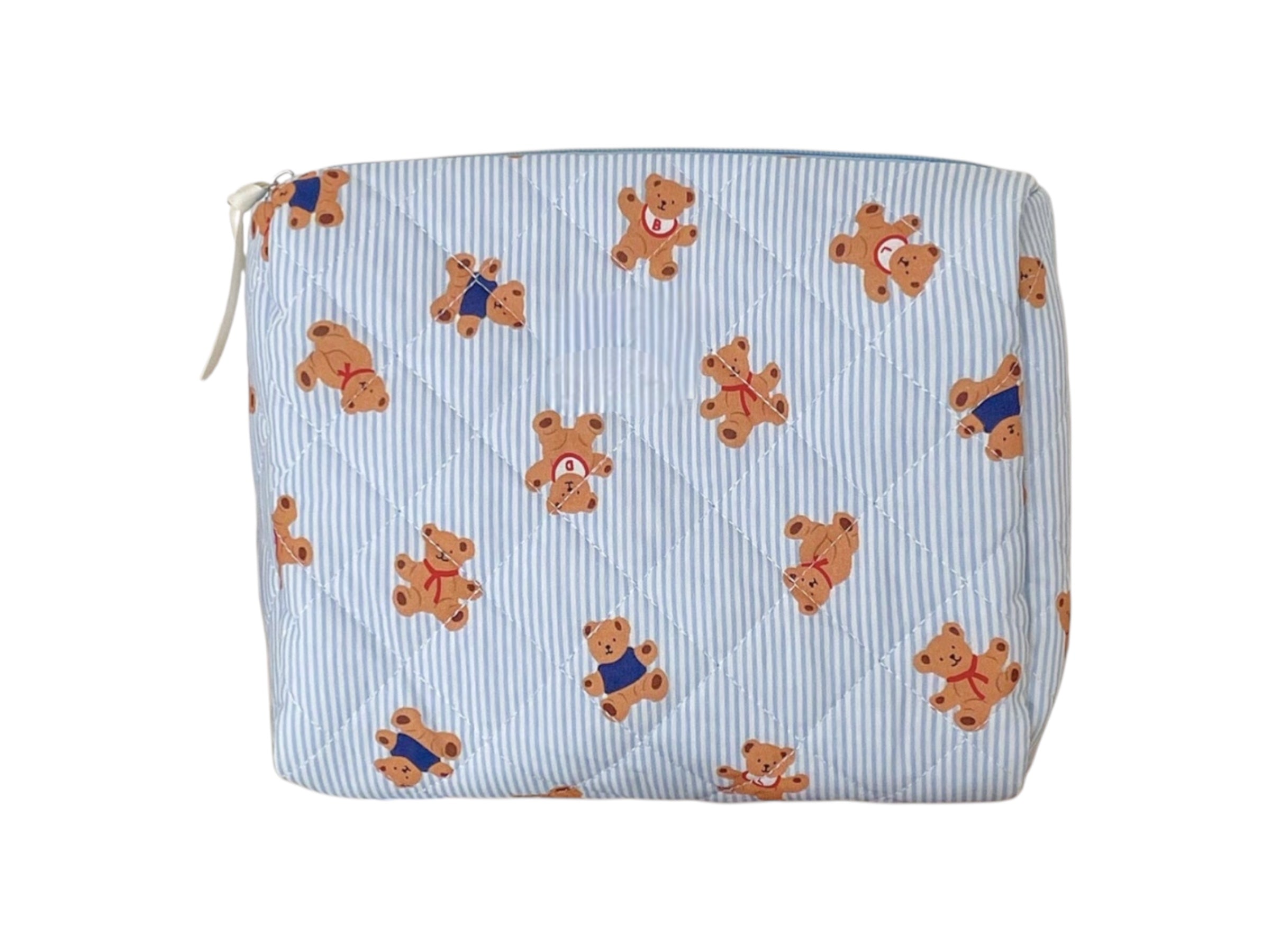 Bear Print Striped Make Up Bag: Blue Medium