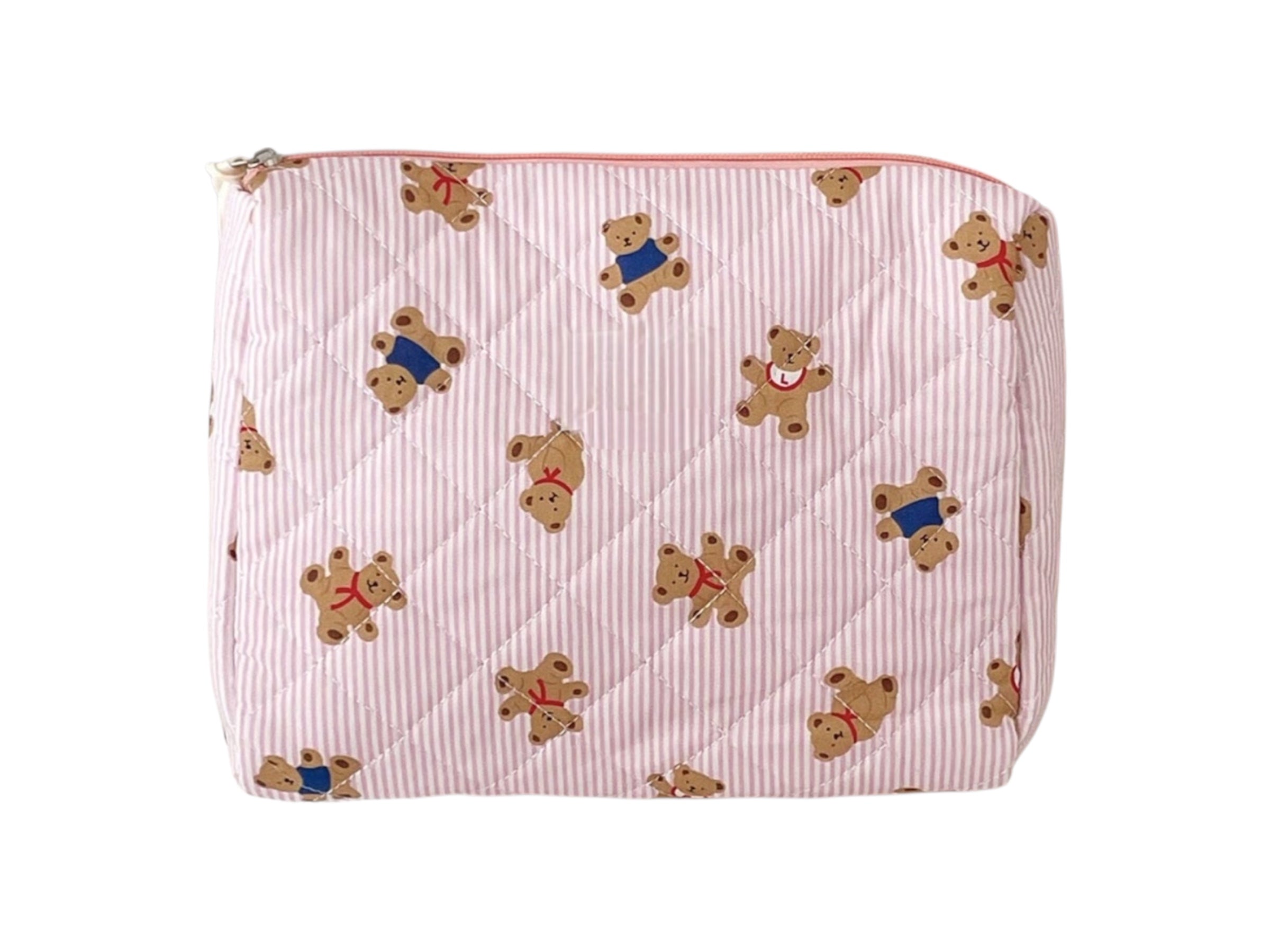 Bear Print Striped Make Up Bag: Pink Medium