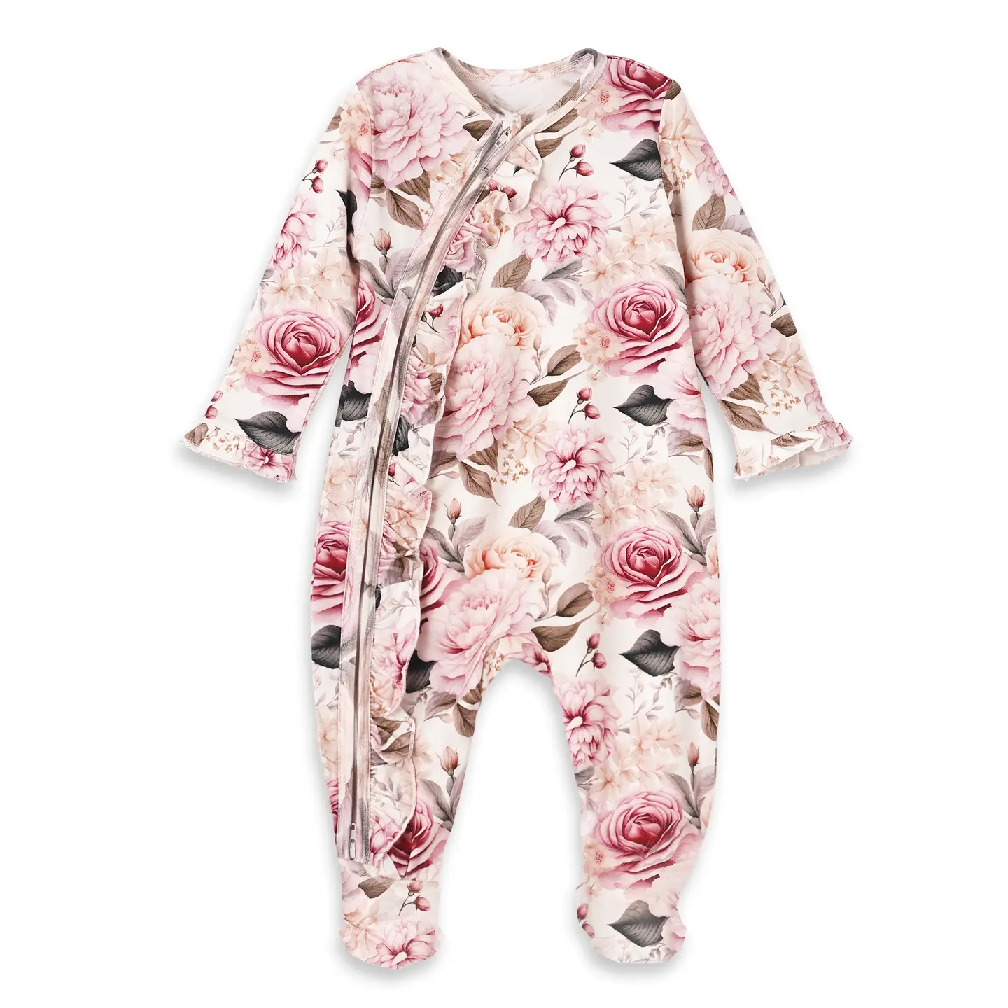 Floral ruffle zipper sleeper