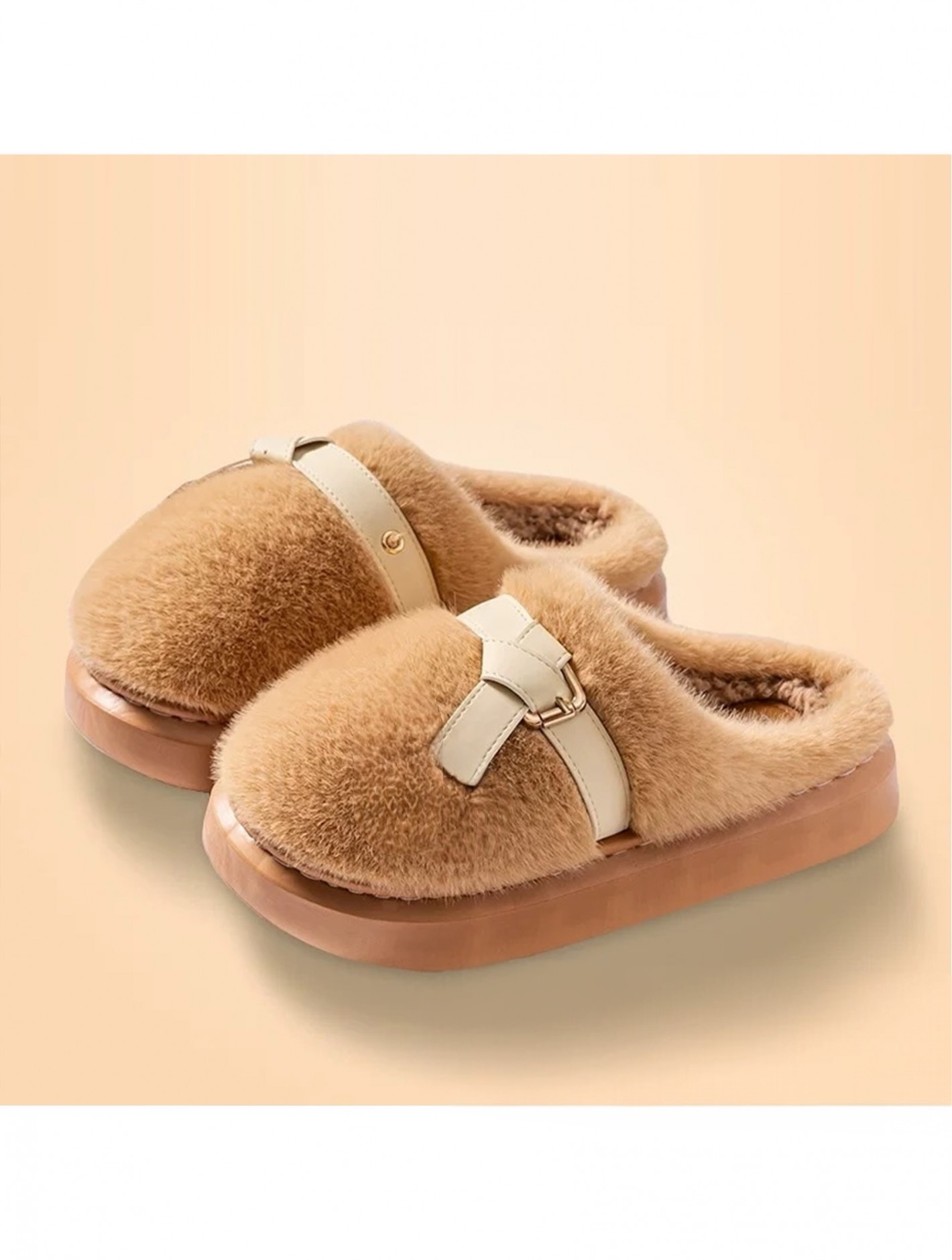 Plush slippers with belt - brown