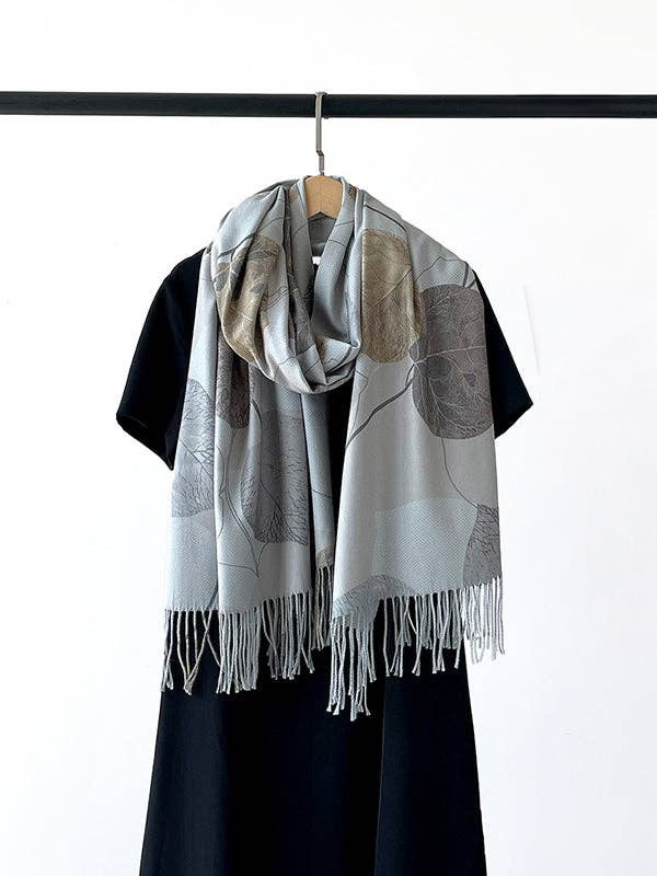 Leaf Printed Tasseled Shawl&Scarf - grey