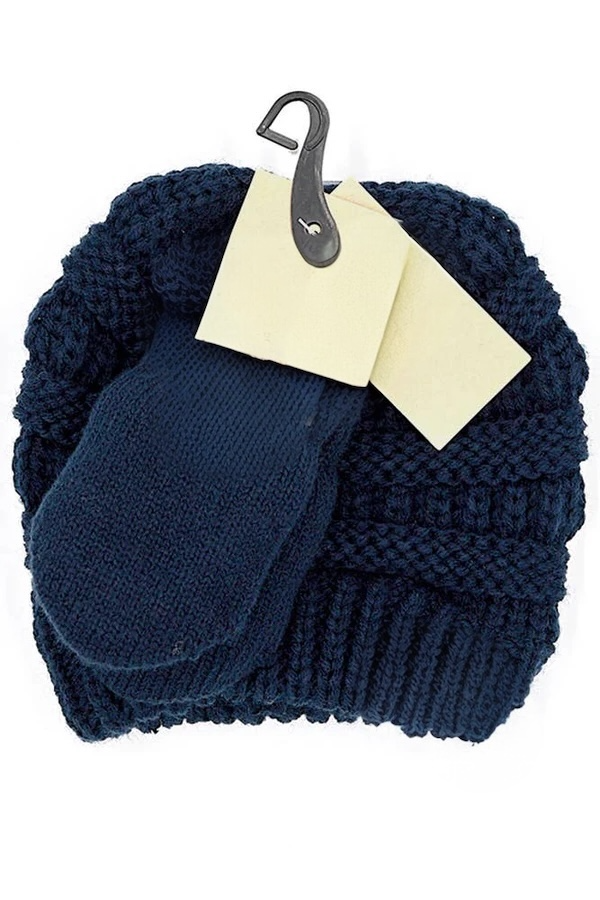 Solid Ribbed Beanie and Mitten Glove - navy