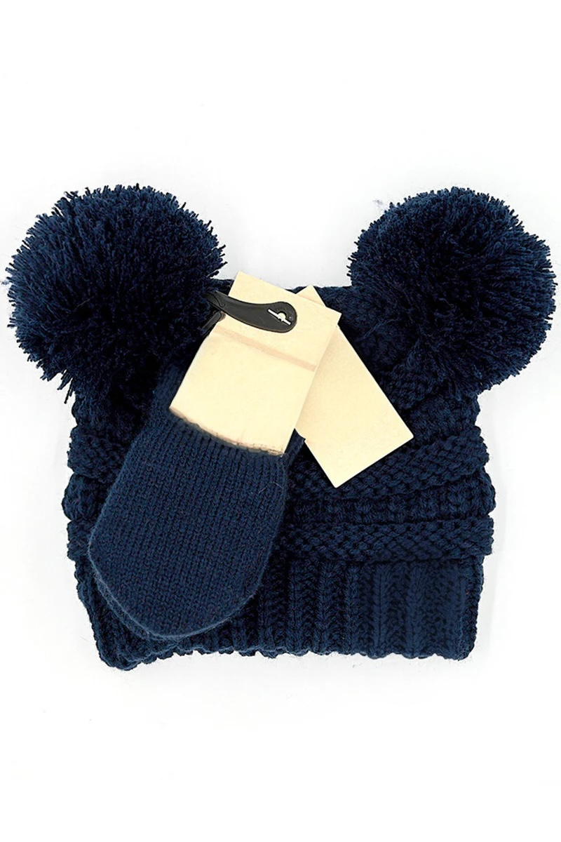 Solid Ribbed Pom Beanie and Mitten Glove navy