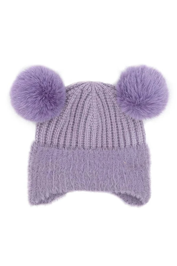 Baby Fur Earflap Pompom Beanie purple