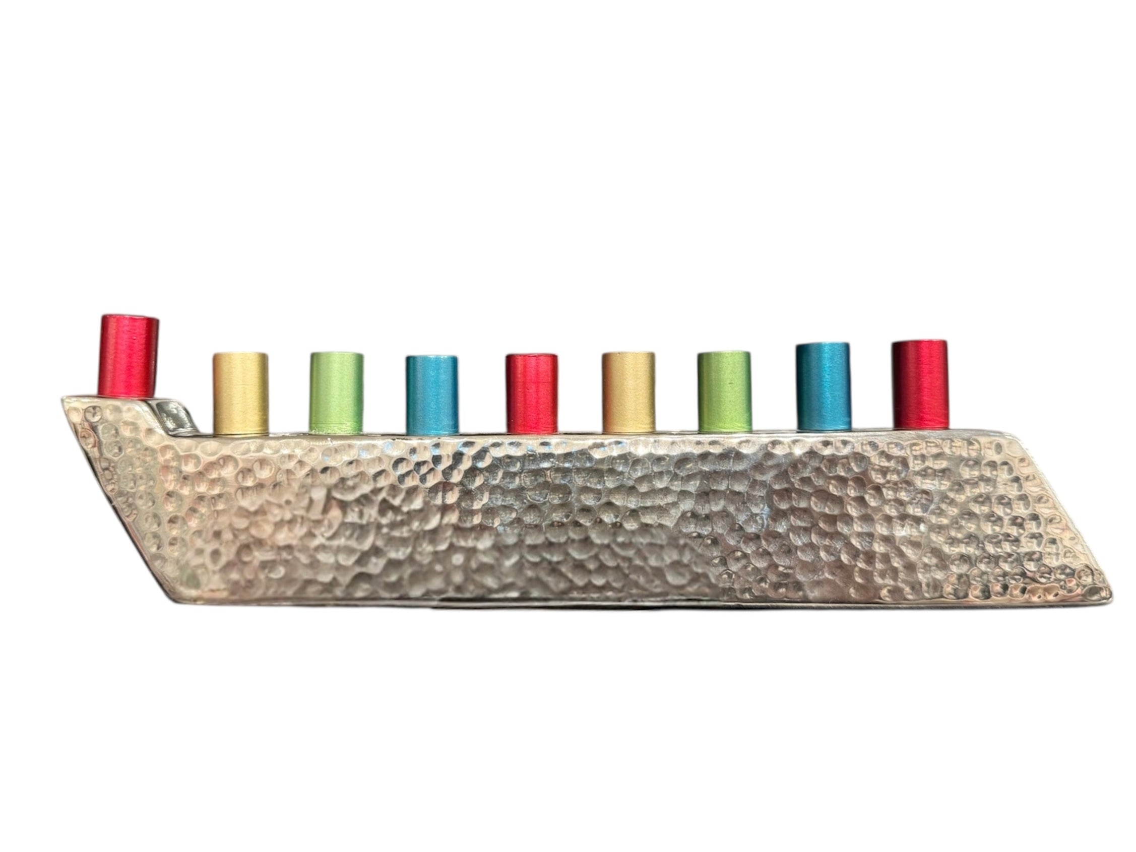 Hammered Metal Menorah with Colorful Candle Cups