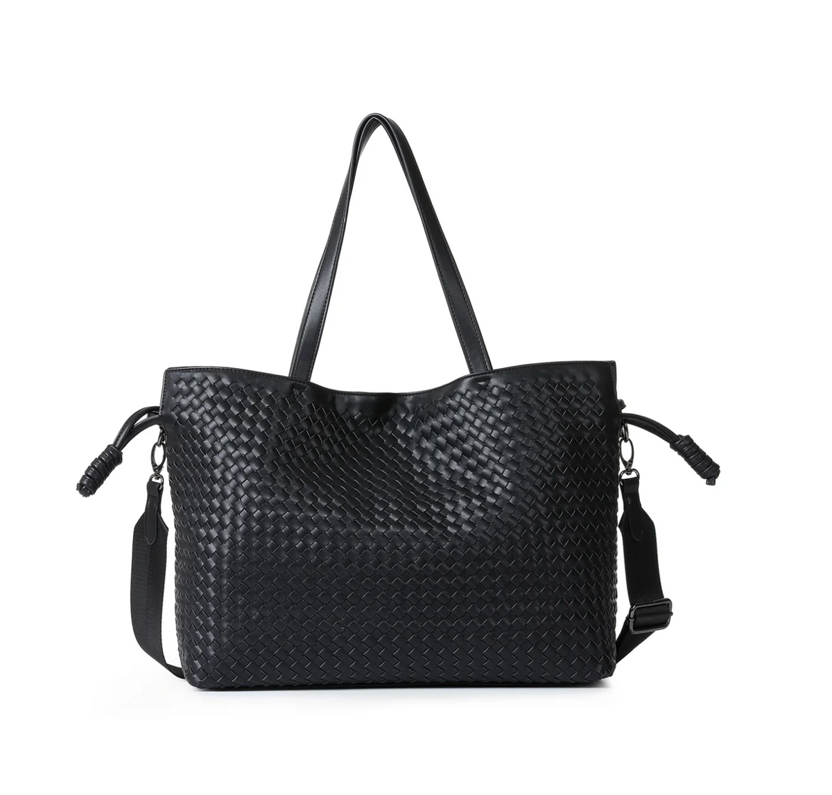 woven vegan leather tote- black