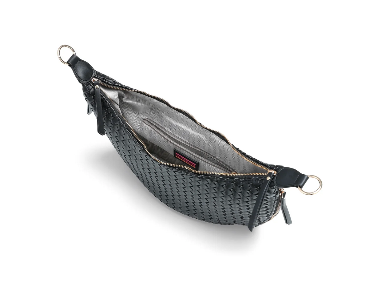 woven vegan leather sling bag- black