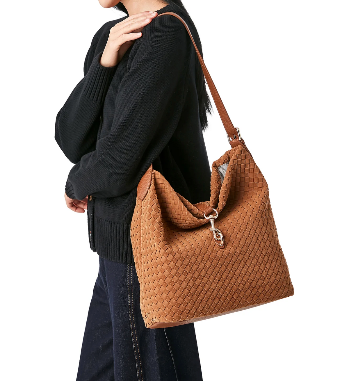 woven vegan suede shoulder bag - saddle