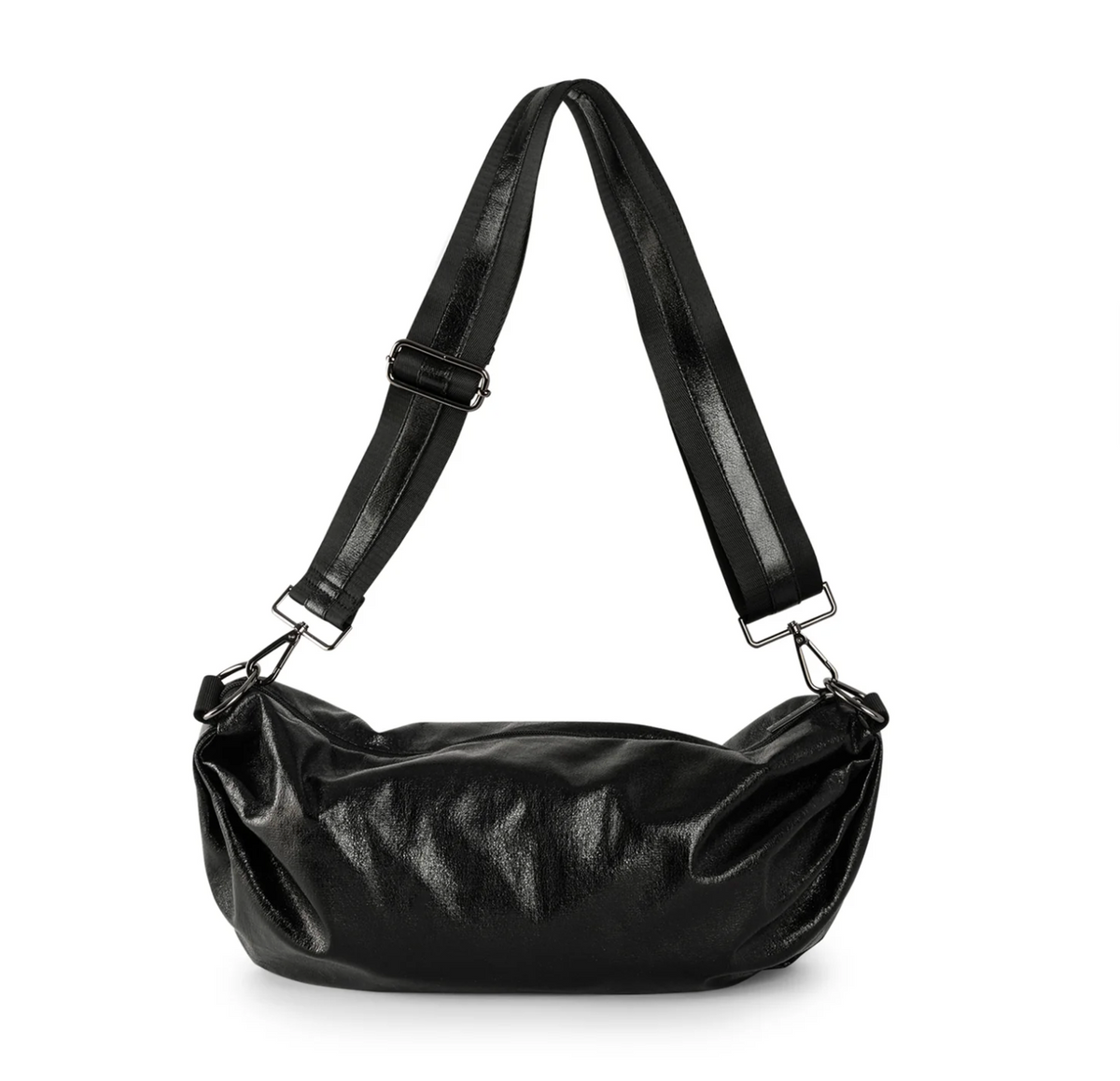 Black metallic vegan leather sling bag