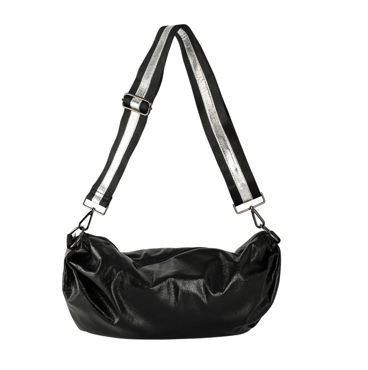 Black metallic vegan leather sling bag