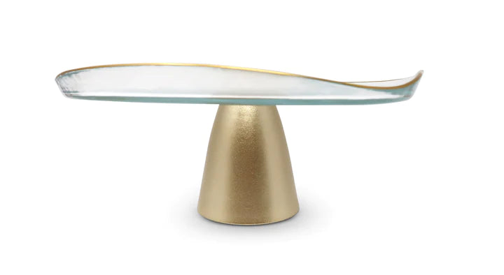 Assiette à gâteau abstraite en verre transparent et doré sur pied