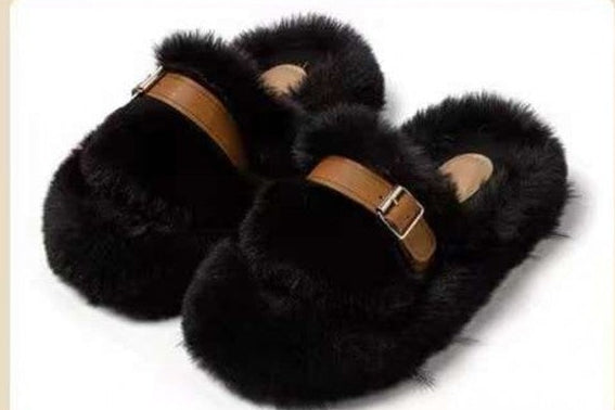 Open Plush slippers with belt - Black