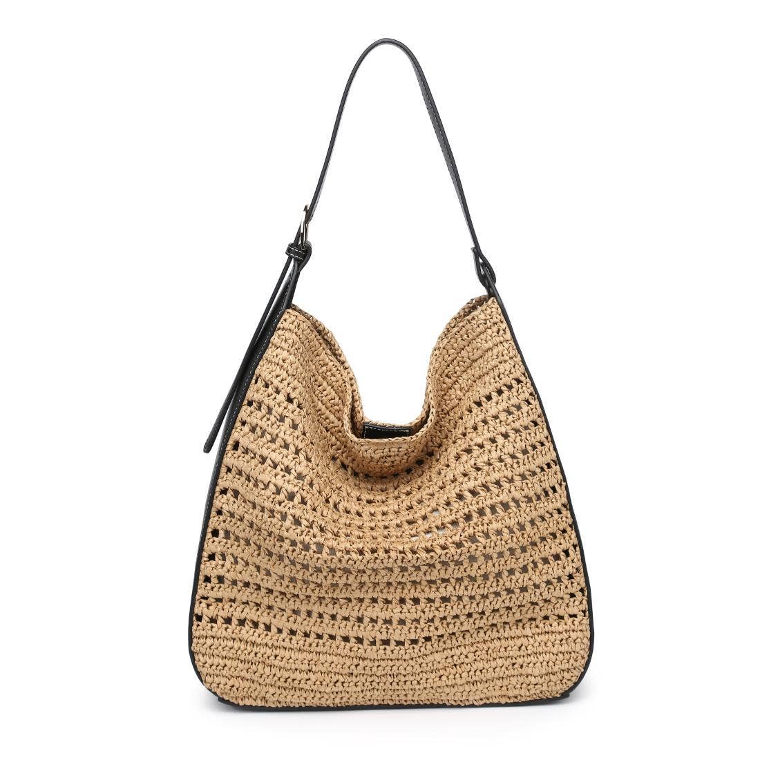 Straw woven Hobo tote bag - brown trim