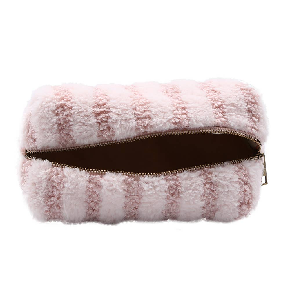 Stripe Sherpa Pouch Bag - pink