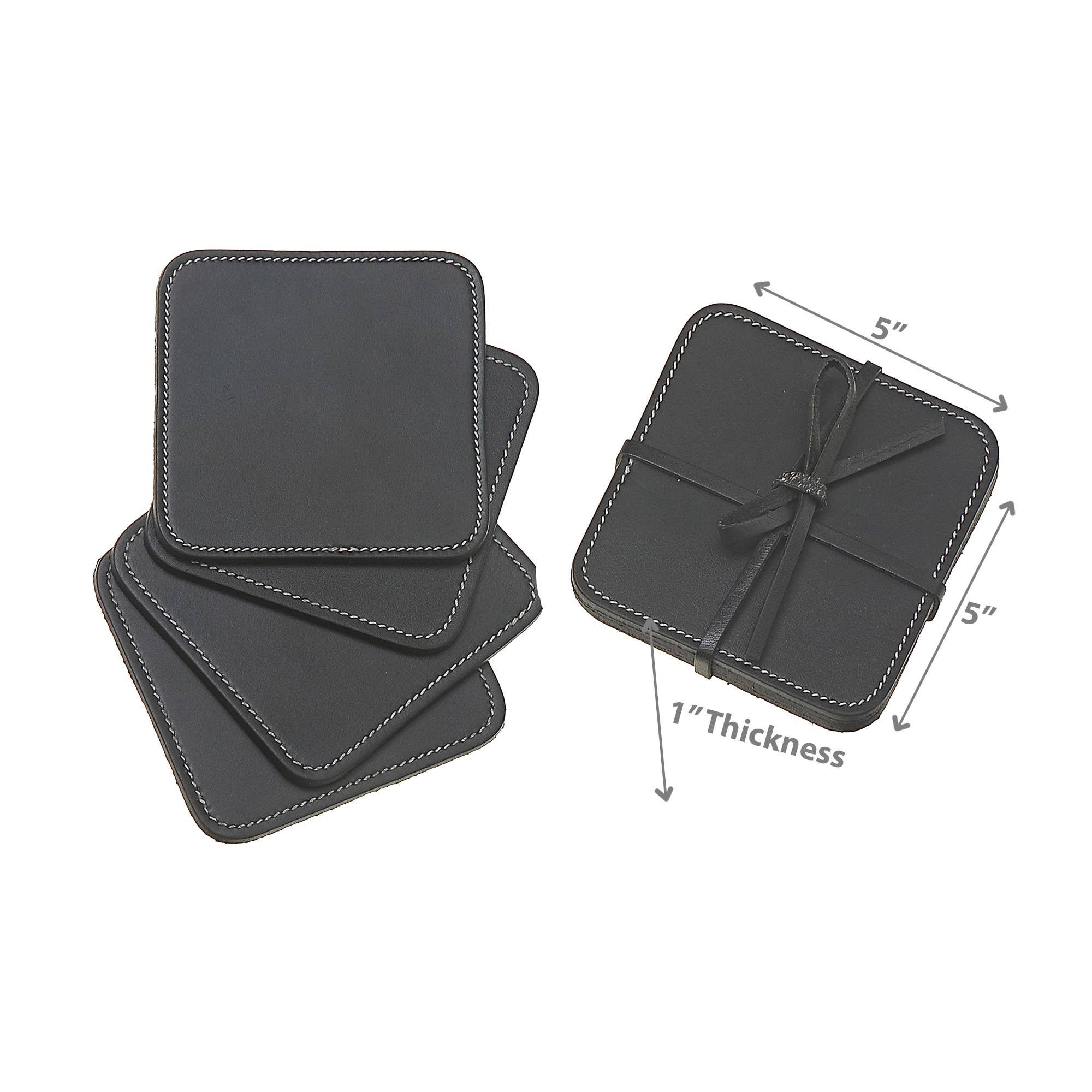 4Pc Square Genuine Leather Coasters Black