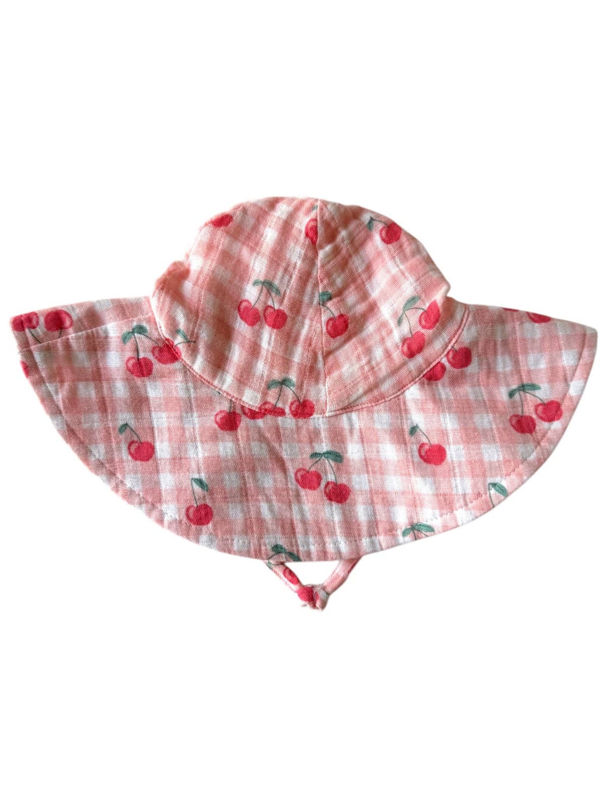 Muslin Wide Brim Sunhat - Gingham Cherries