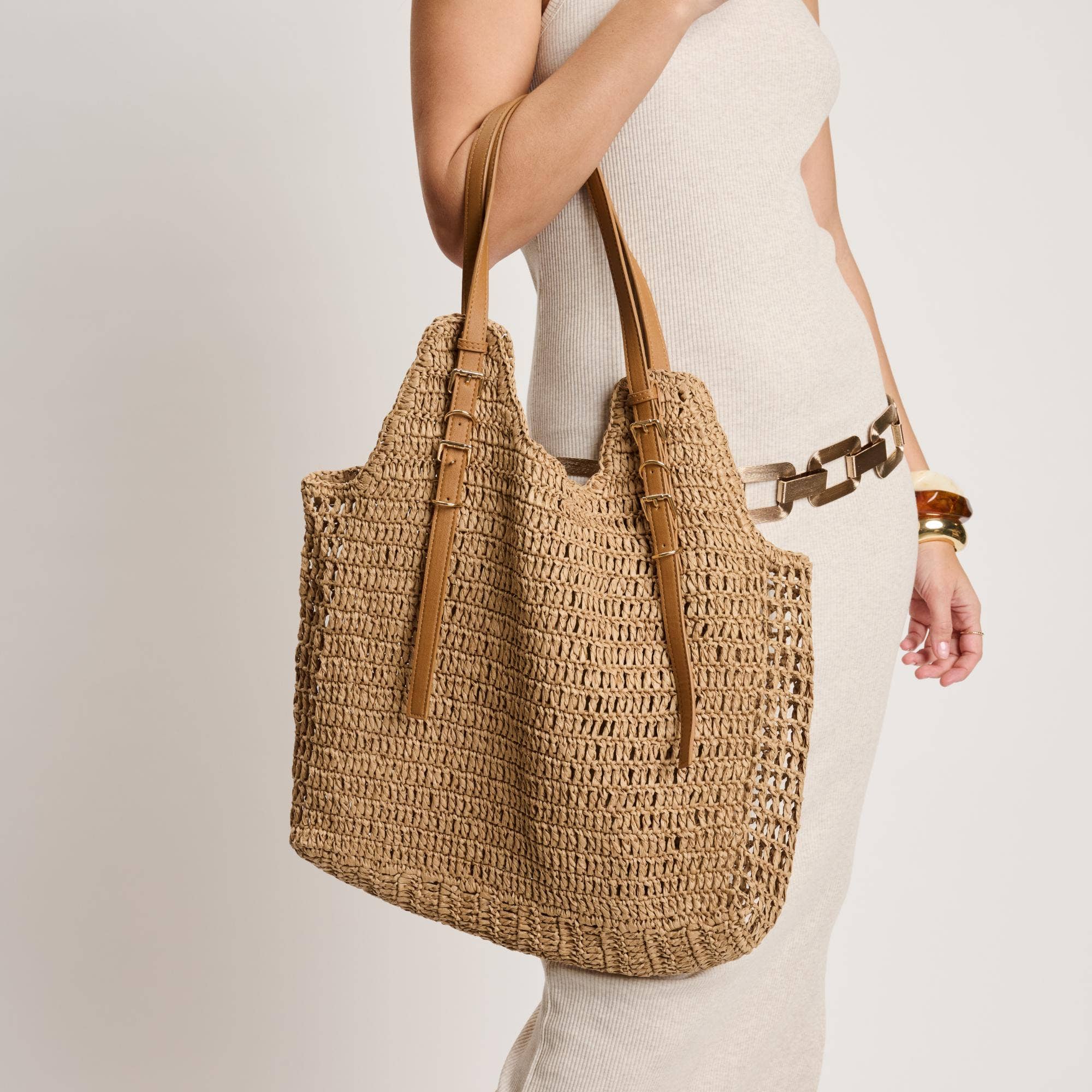 Handwoven Tote with buckle straps - natural