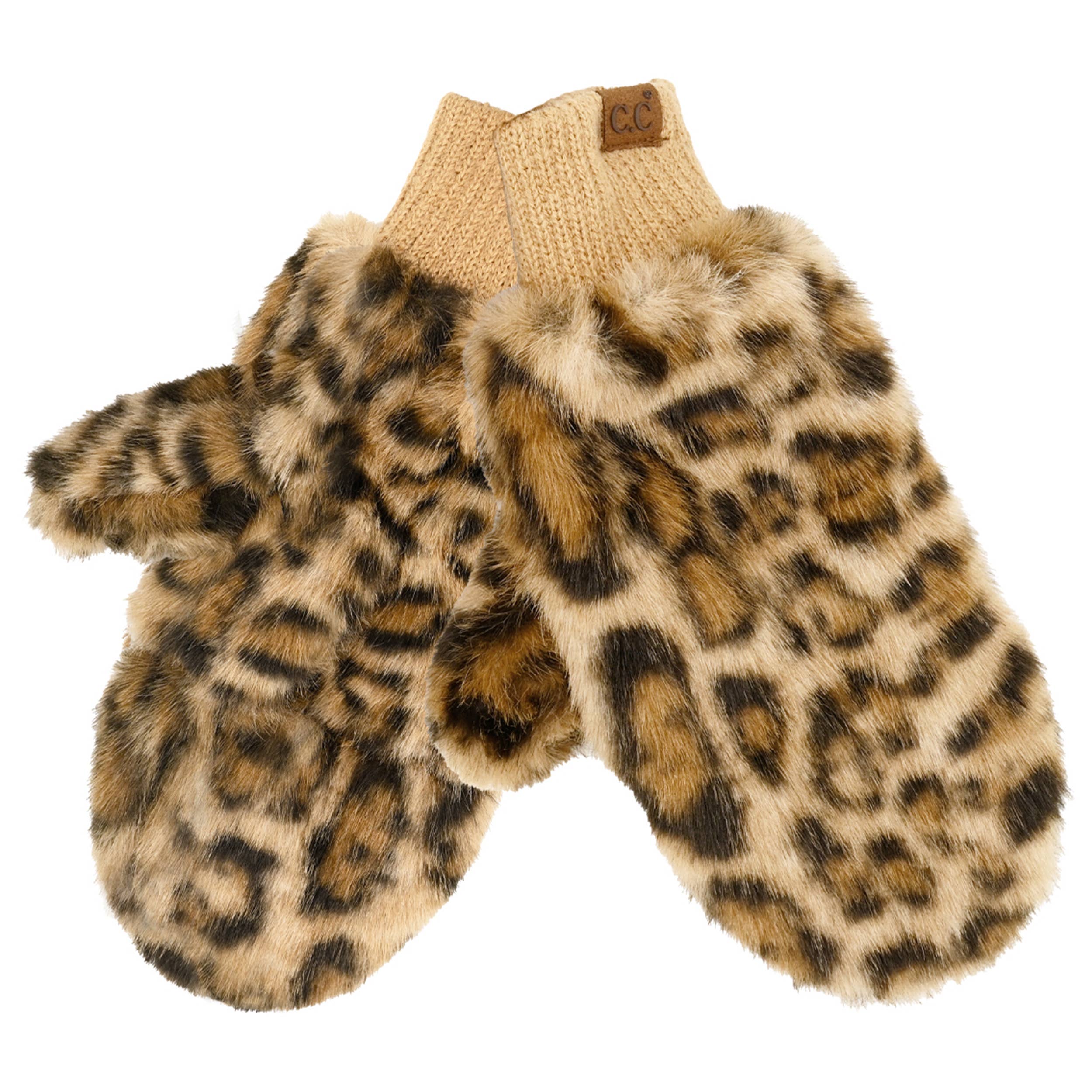 Leopard Fur Convertible Mitten Gloves - light brown
