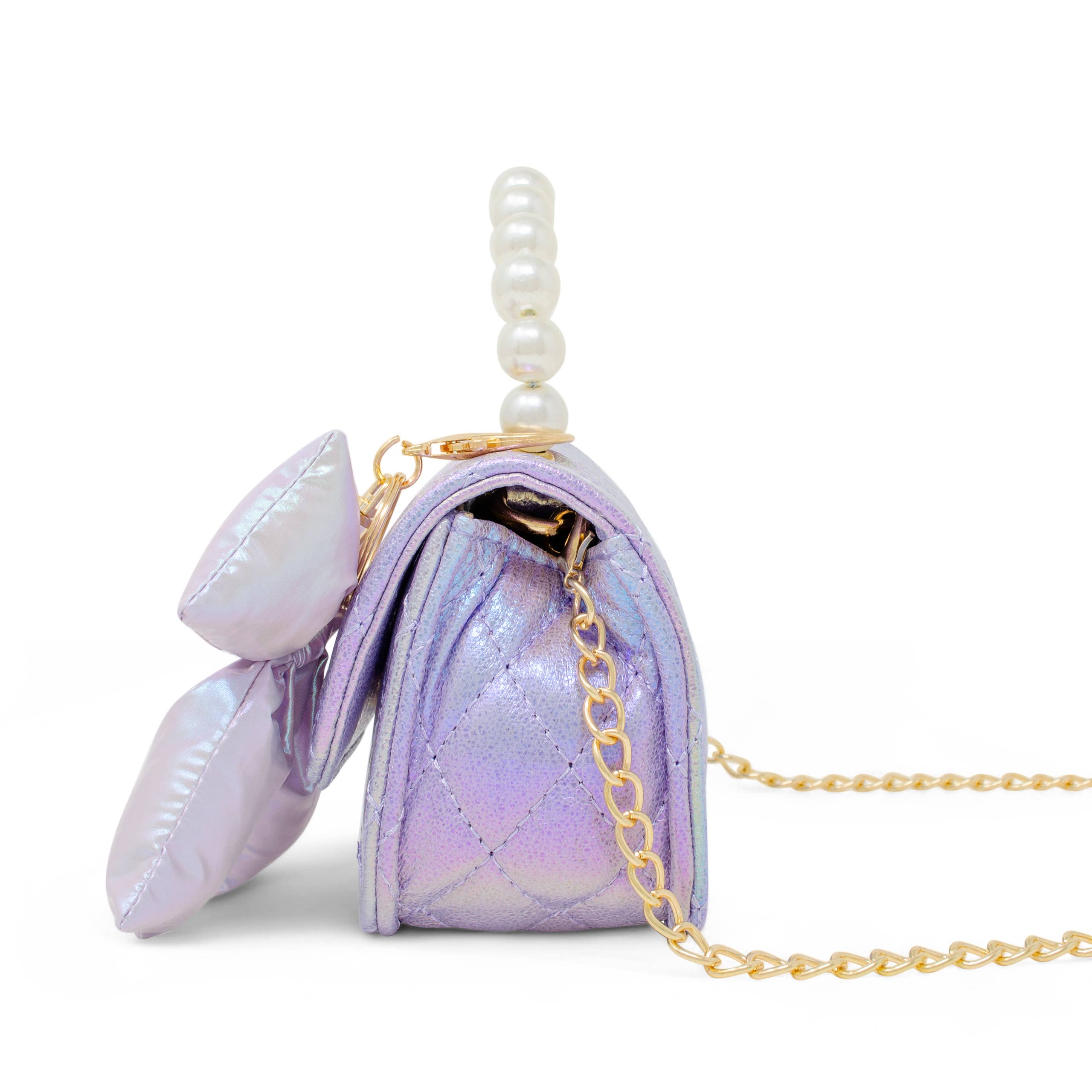 Shiny Quilted Fluffy Bow Handbag: Purple