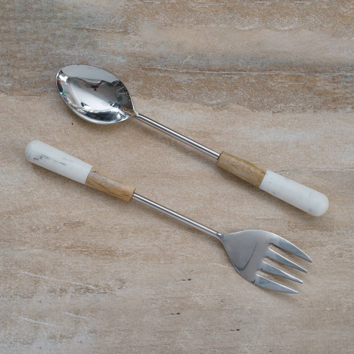 Elegant Marble & Wood Salad Servers