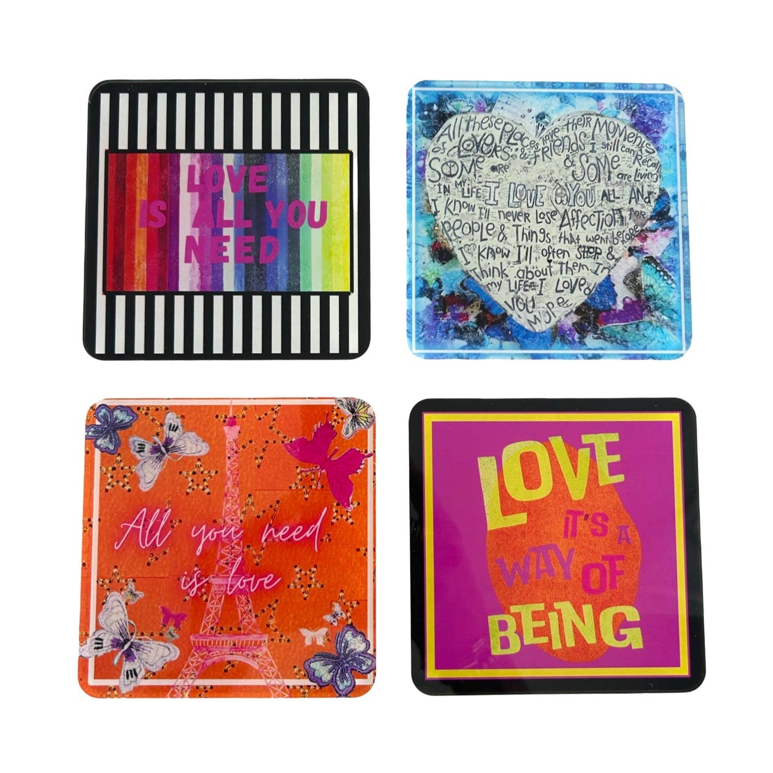Set of 4 Acrylic Coasters in holder- Amour