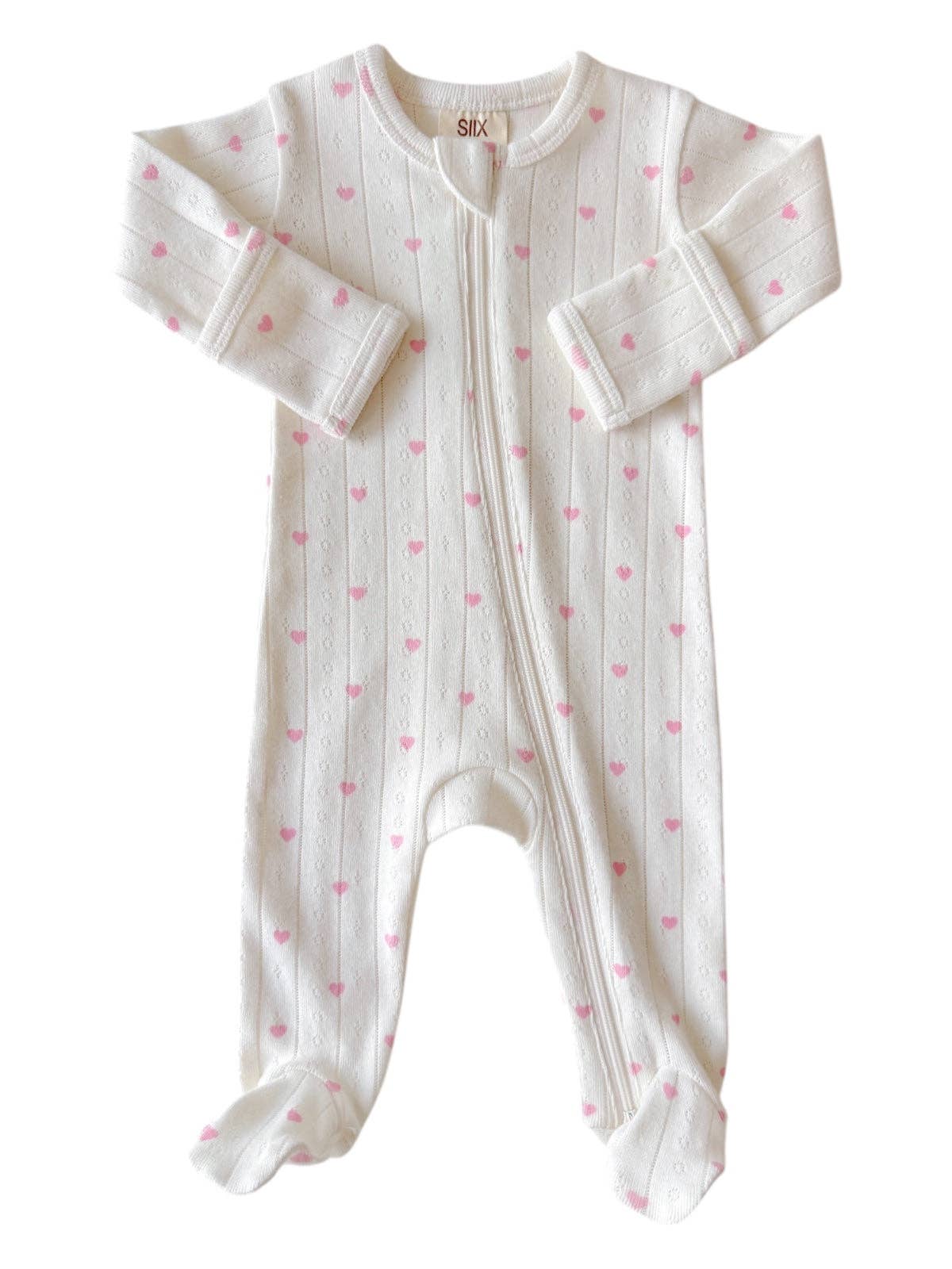 White with Pink Heart / Organic Pointelle 2-Way Zip Footie