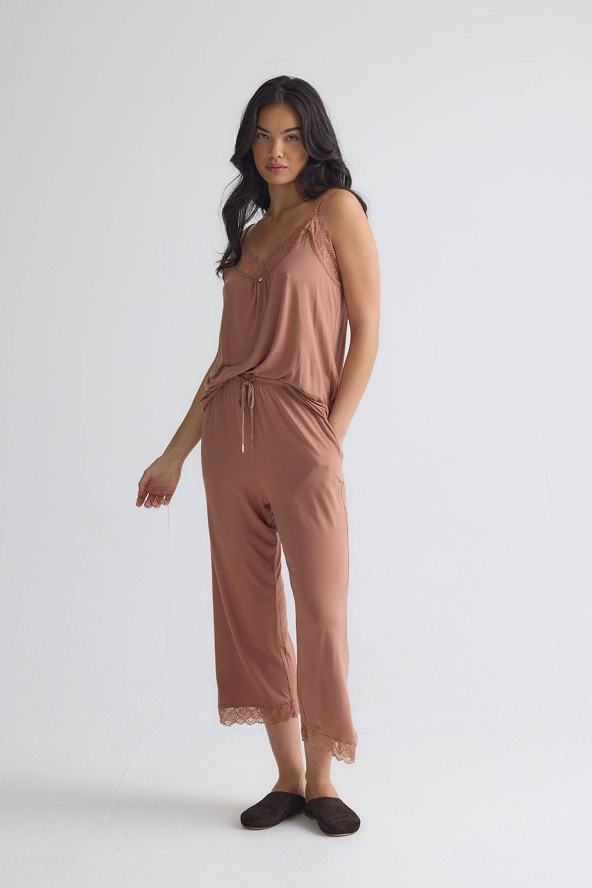 Bamboo Lace Cami Cropped Trouser Pajama Set - Mocha
