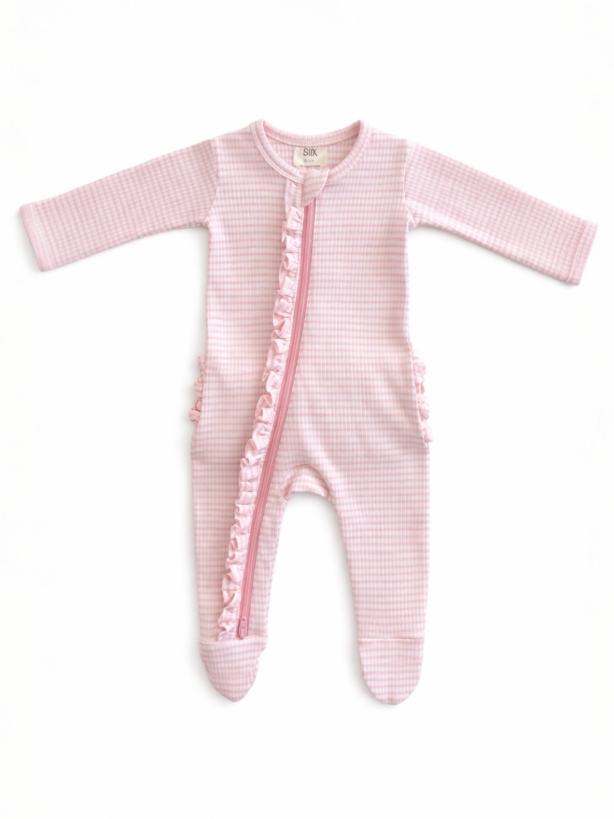Ribbed Frill 2-Way Zip Footie - Pink Stripe