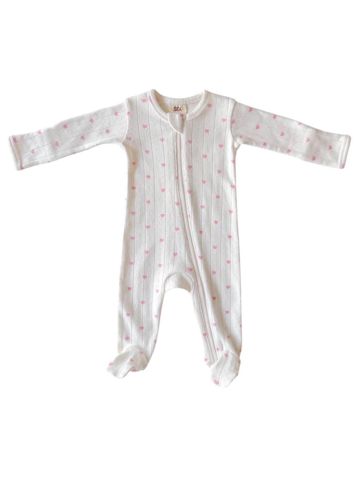 White with Pink Heart / Organic Pointelle 2-Way Zip Footie
