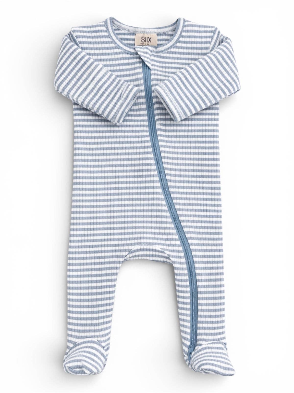 Ribbed 2-Way Zip Footie - Dusty Blue Stripe