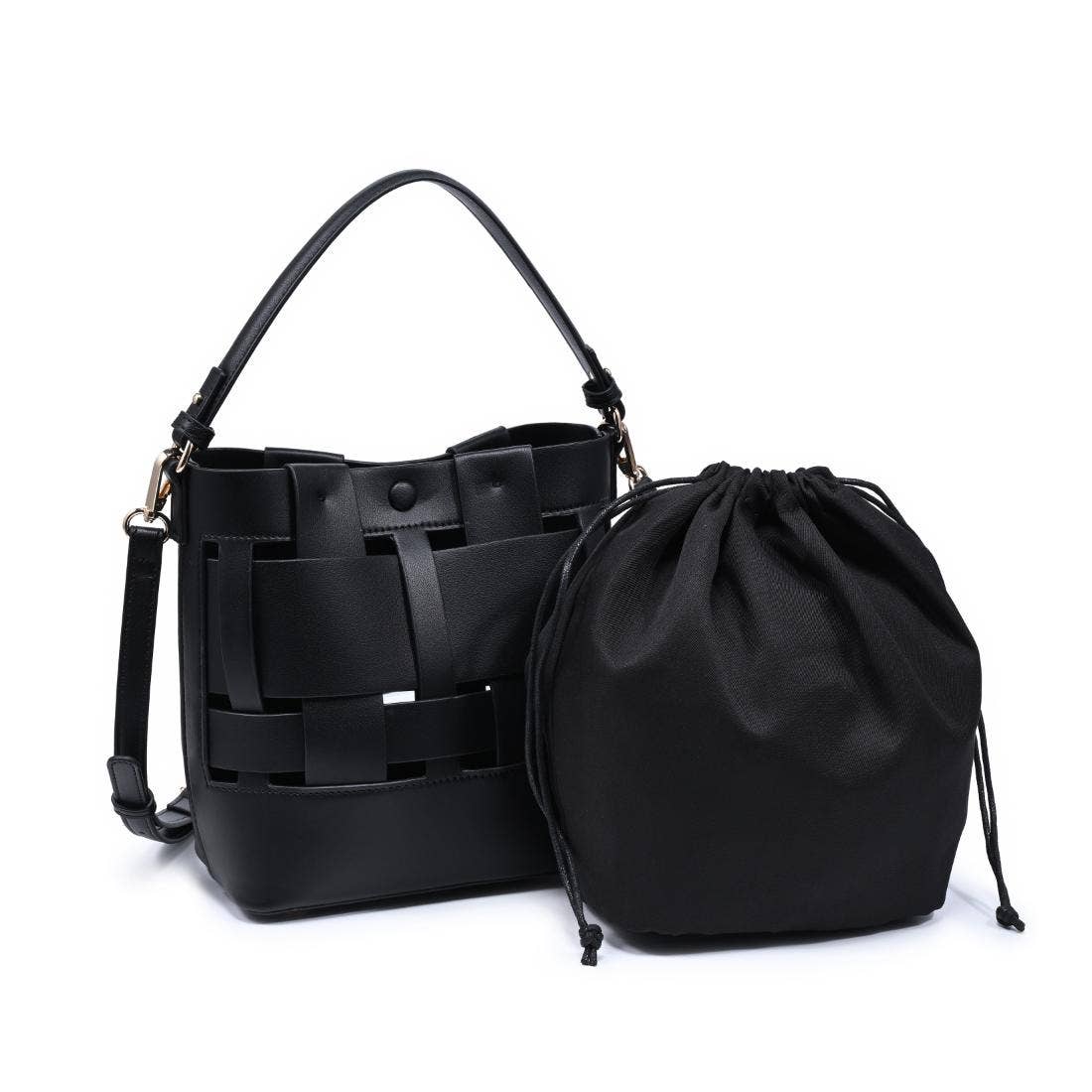 Woven-panel bucket bag - black